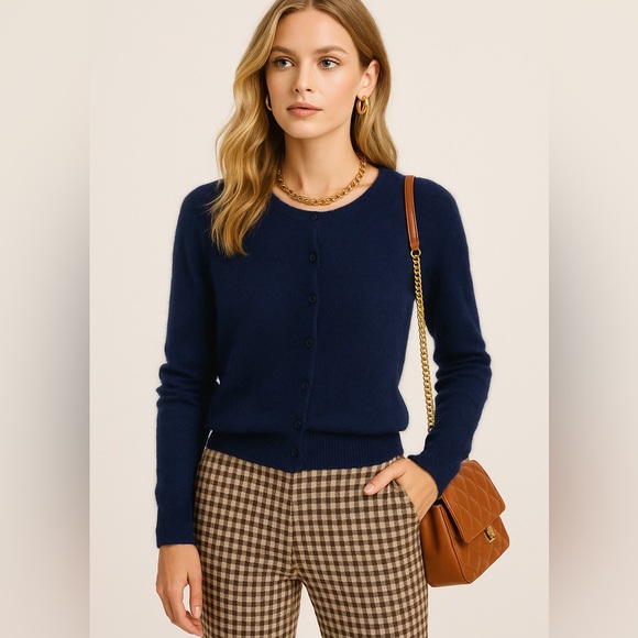 Navy Blue Wool Blend Button Front Cardigan Sweater - Picture 2 of 8